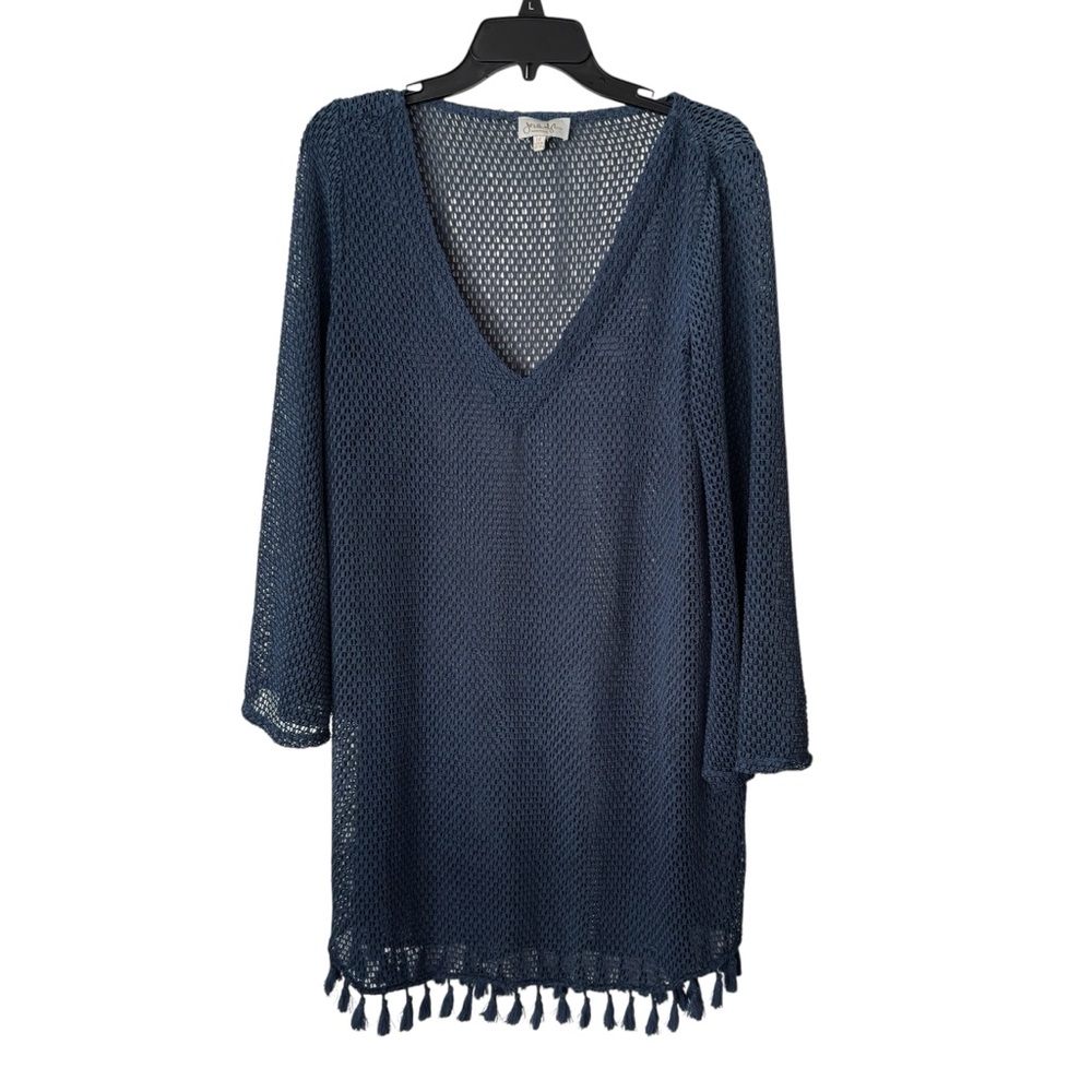 Jordan Taylor‎ Deep Teal Blue Tassel Trim V-Neck Long Sleeves Swim Cover-Up